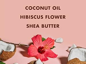 Pieces of coconut and hibiscus on light pink background with text.