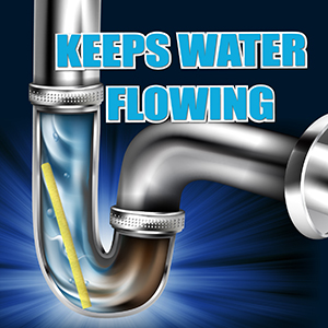 Illustration of drain pipe trap, with yellow stick inside the drain and water flowing inside.