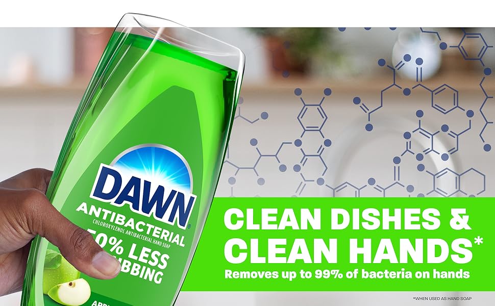 hand holding green dawn antibacterial apple blossom scent bottle. clean dishes & clean hands