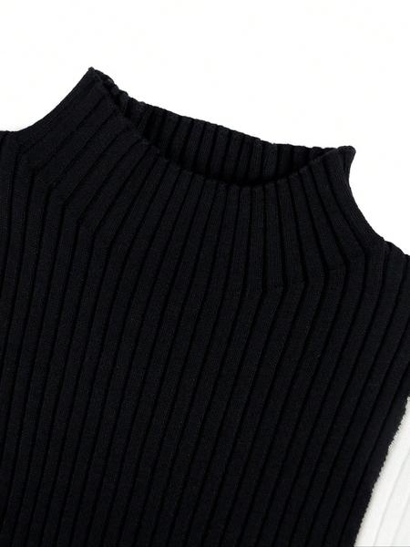 Elegant Long Sleeve Knit Dress for Women, Autumn Winter High Neck Slim Fit Dress, Random Pattern Color Block Knee-Length Dress for Commuting, Casual Dress