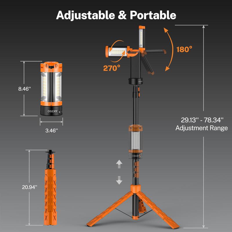 Product Introduction of OGERY Rechargeable 10000mAh Camping Light with Detachable Tripod ( 1.75 to 6.5 Feet ), 2200 Lumens Cordless Dimmable Work Light & Emergency Light 8