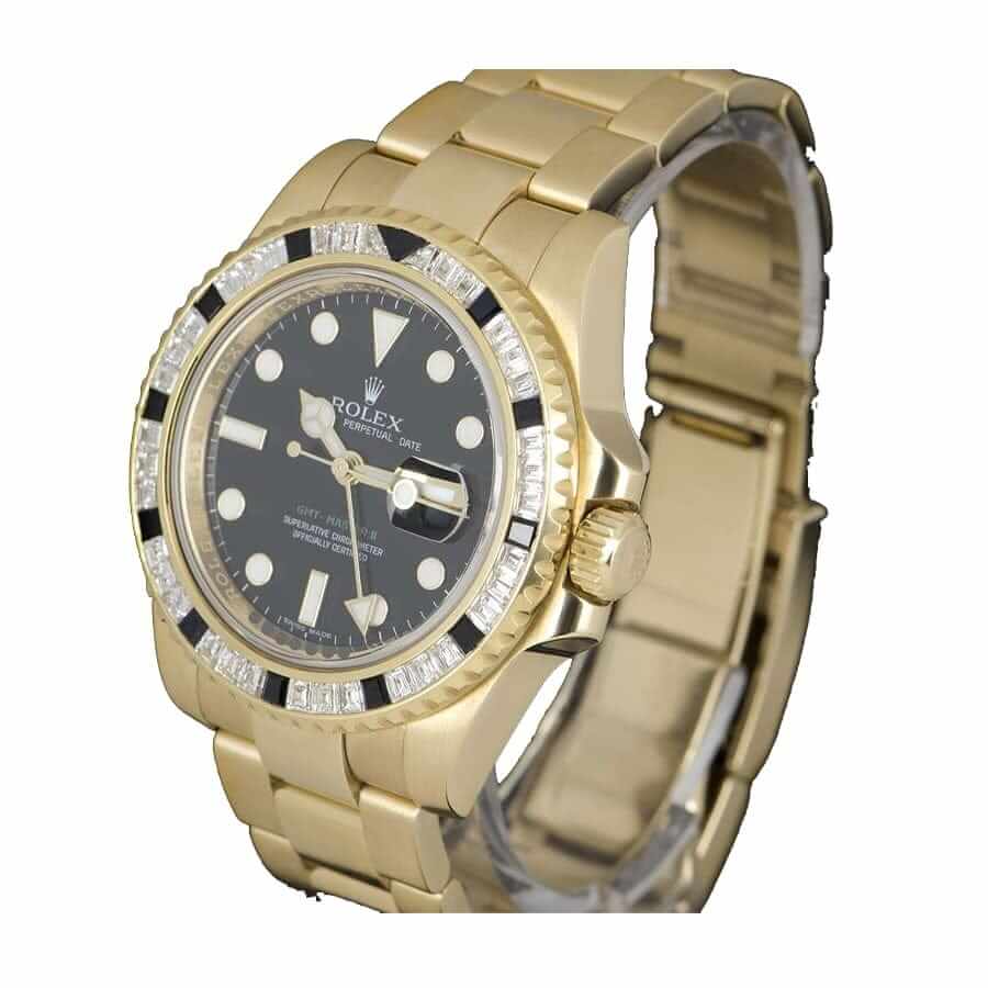 rolex gmt master ii 116748sanr yellow gold automatic black dial