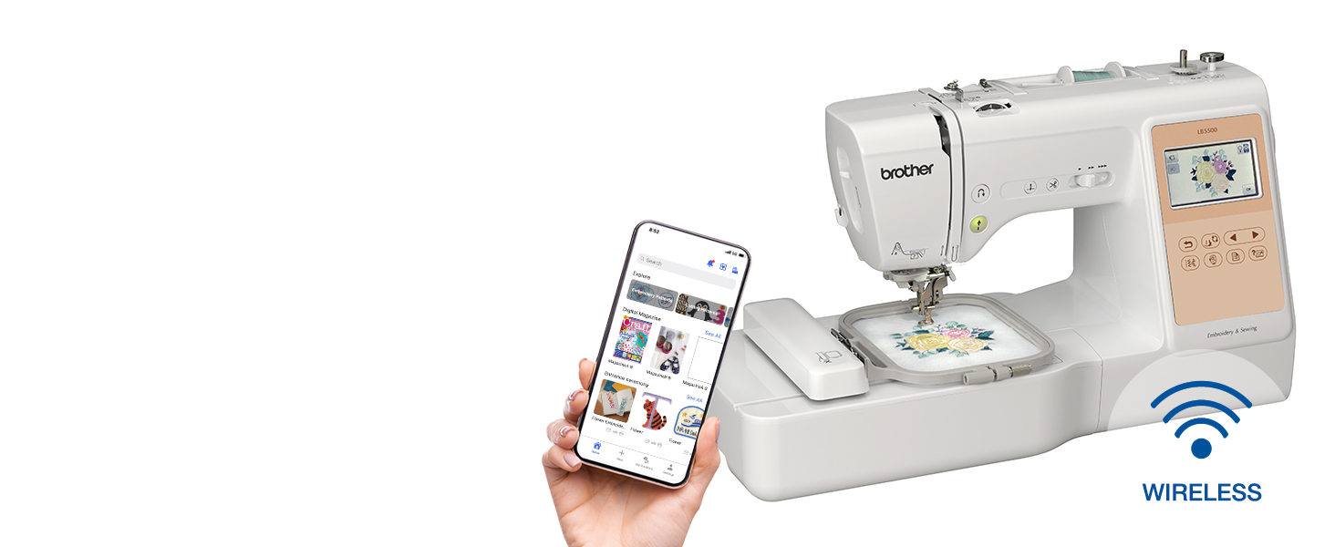 Brother LB5500 Sewing & Embroidery machine with smartphone open to Artspira app, with WIRELESS icon