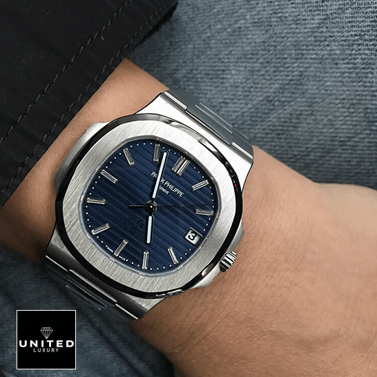 Patek Philippe Nautilus Platinum Blue Replica 6 Patek Philippe Nautilus Platinum Blue Dial Replica on the man wrist