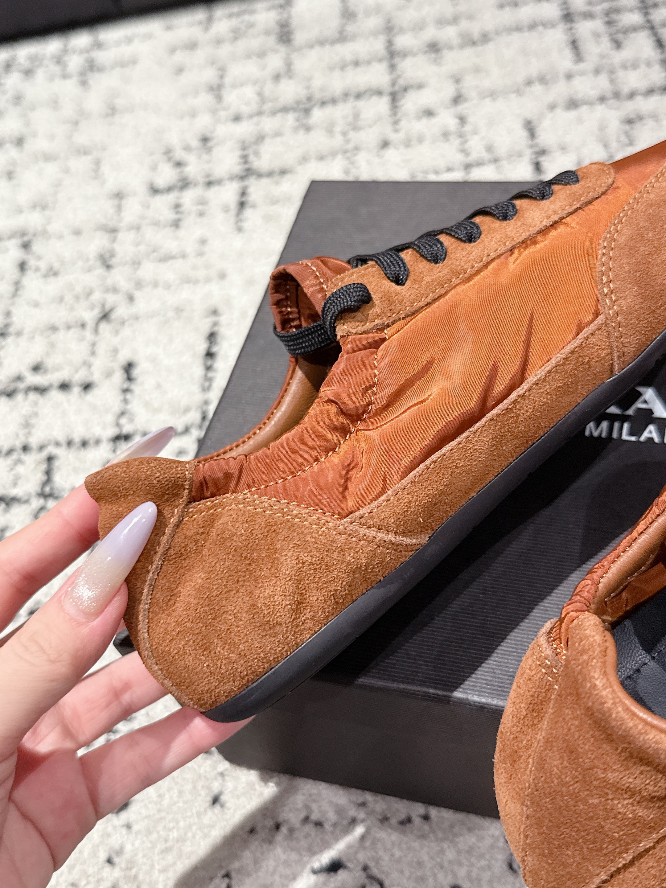 PRADA 25S COLLAPSE SNEAKERS IN BURNT ORANGE RE NYLON AND SUEDE、mysite、Cacoeks