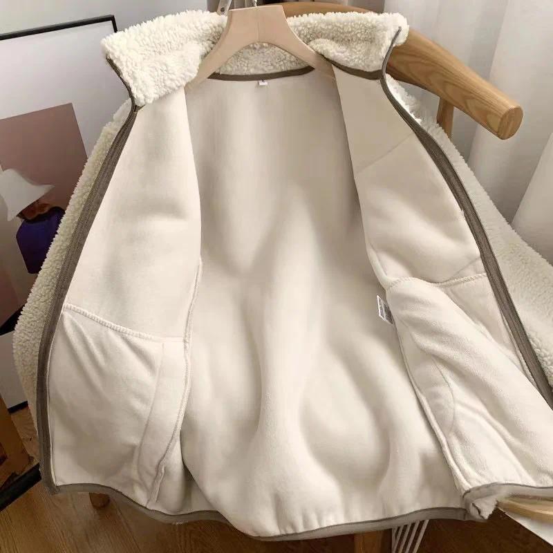 Fashion Lamb Plush Jacket Women's Autumn Winter New Pocket Zipper Long Sleeve Loose Stand Collar Comfort Warm Jacket for Women