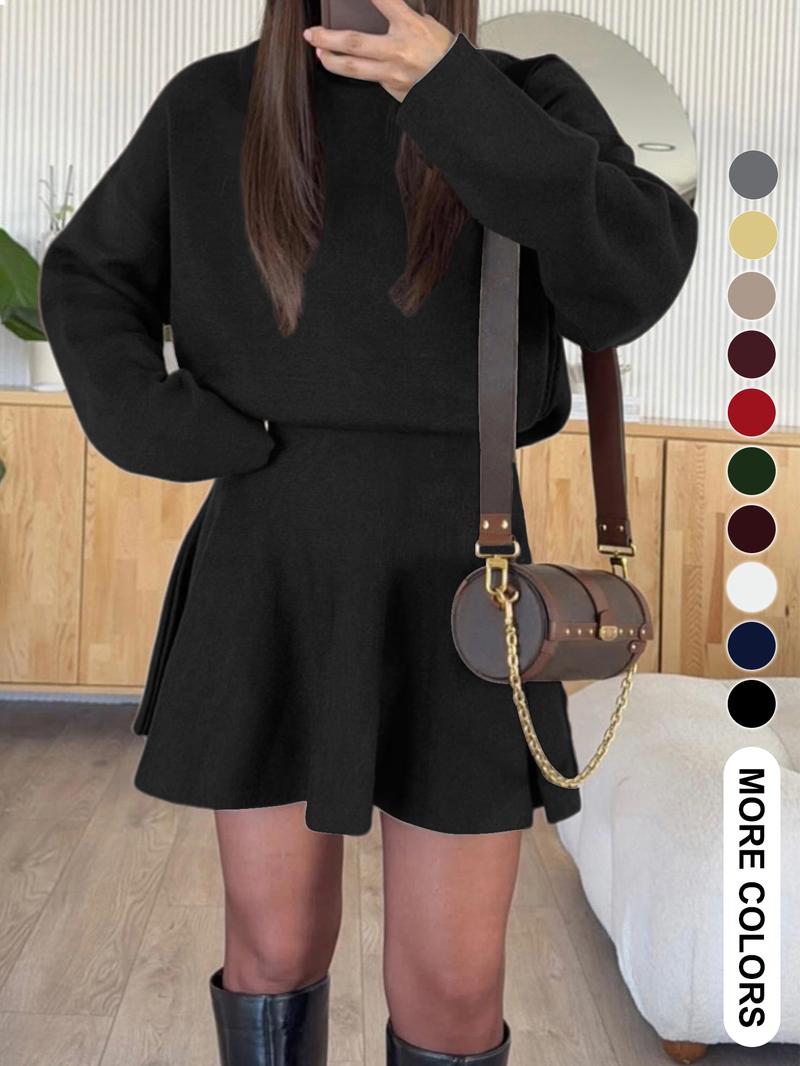 Women's Casual Half-High Neck Long Sleeve Knit Dress, Plain Color Loose-Fitting Sweater Dress, Fall & Winter Fashion