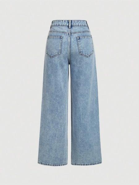 Women's Elegant High-Waisted Wide-Leg Jeans, Fitted Woven Fabric, Rhinestone Embellished, All-Season Fashion Pants
