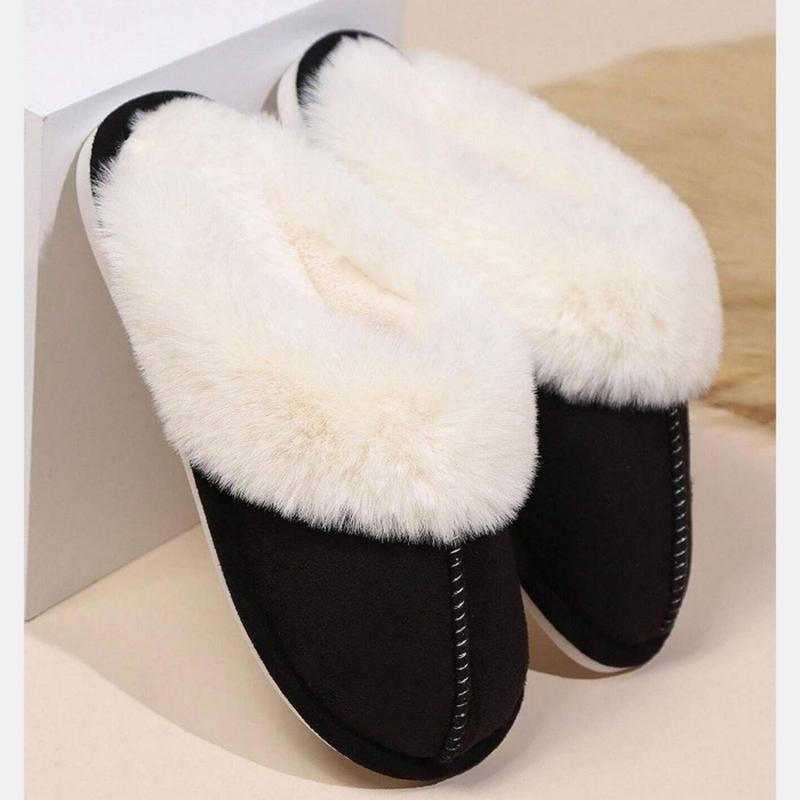 Warm Women's Plush Fleece-Lined Slip-On Moccasin with Fluffy Detail - Non-Slip Winter Home Slippers on Flat Platform Sole. So Cozy!
