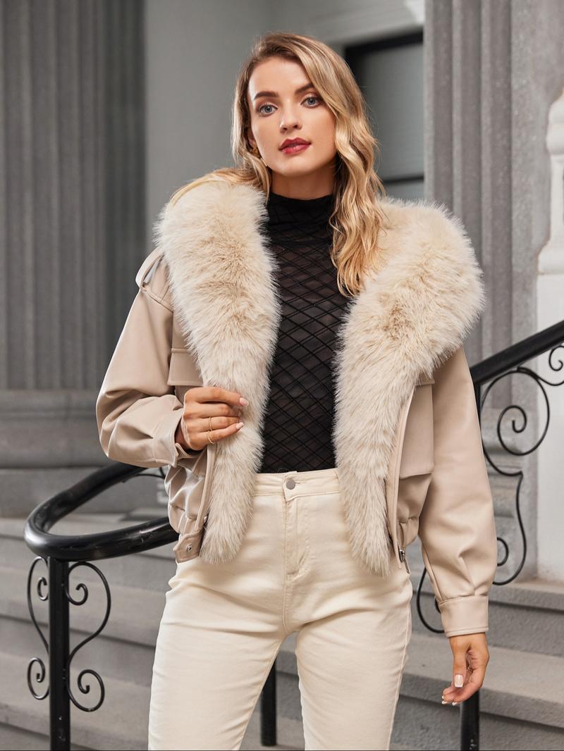 Women's Contrast Faux Fur Trim Hooded Jacket, Casual Long Sleeve Zipper Button Front Pocket Outerwear for Fall & Winter, Women's Clothing for Daily Wear