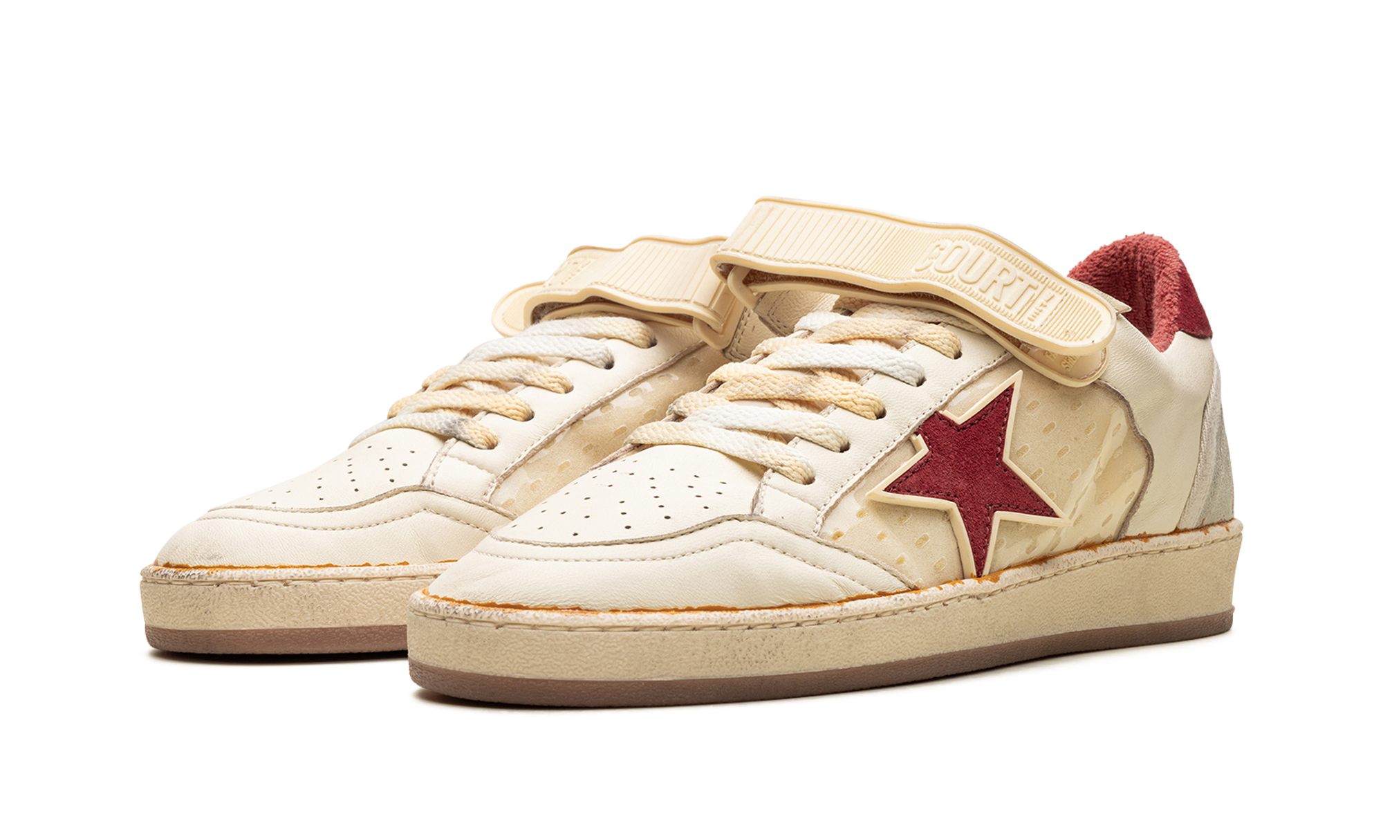 BALL STAR WITH STRAP NAPPA AND PVC UPPER SUEDE STAR SPUR AND HEEL "WHITE ICE RED PVC"、mysite、Cacoeks