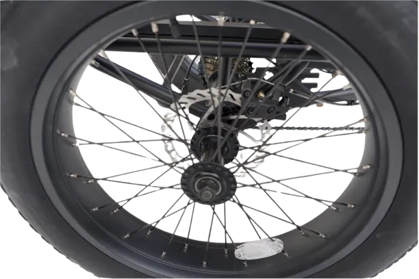 Close-up of the rear wheel of the eMobility Star Fat Tire Electric Tricycle emphasizing wide fat tire design for enhanced grip and stability.