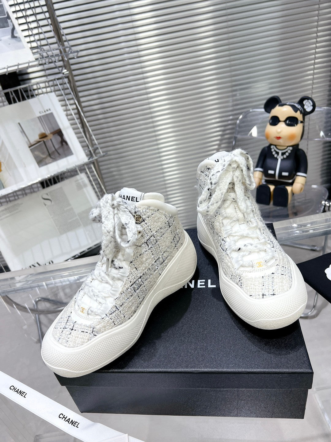 CC CANO ALTO SNEAKER IN WHITE WOOL TWEED AND RUBBER、mysite、Cacoeks