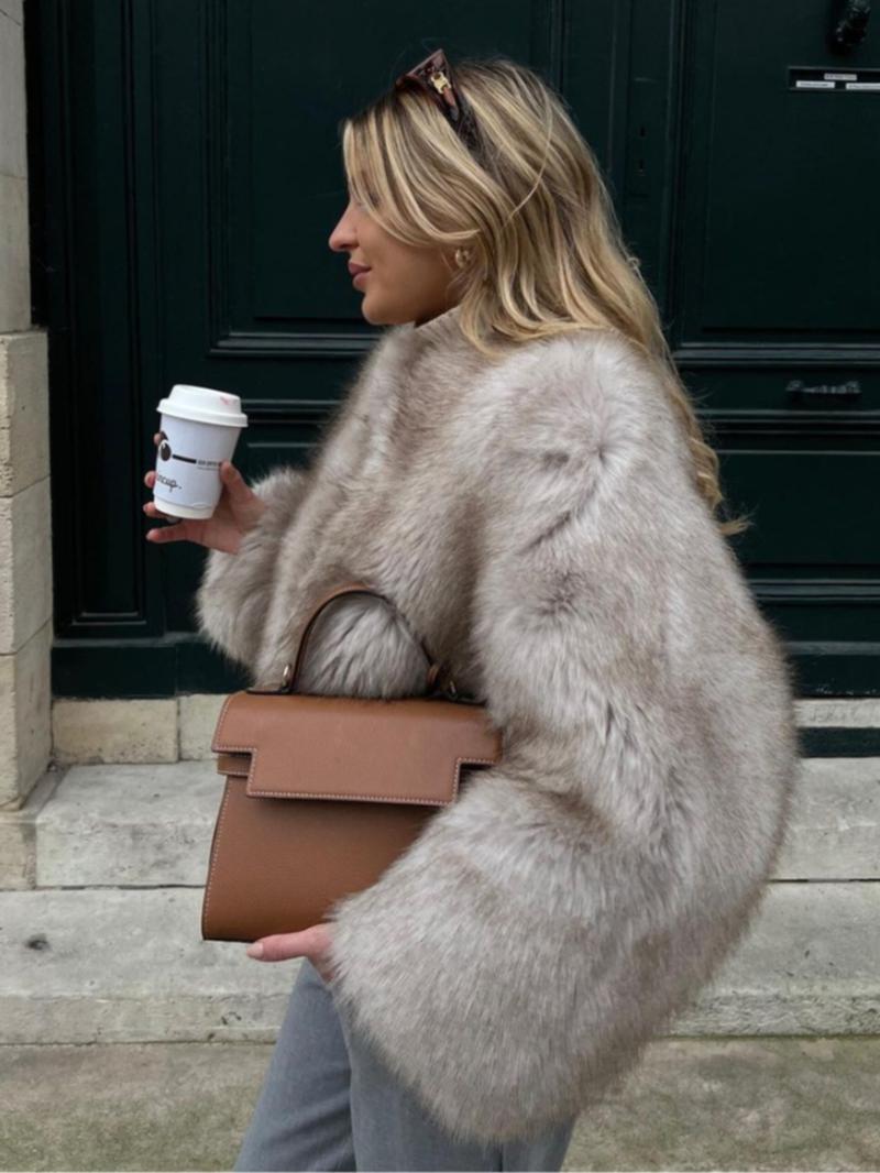 Women's Solid Color Faux Fur Jacket, Casual Long Sleeve Open Front Outerwear for Fall & Winter, Women's Clothing for Daily Wear, Coats, Womenswear