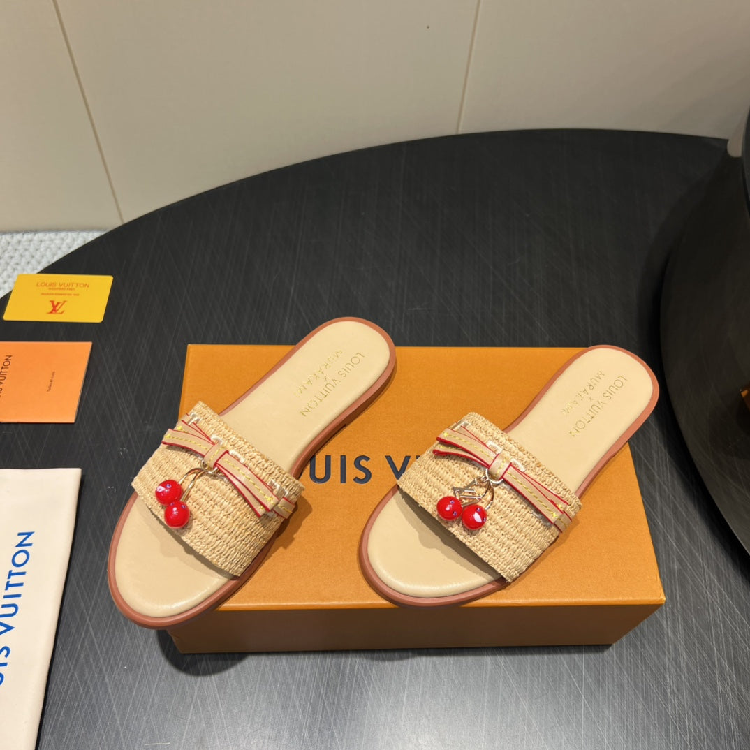 LV SLIDE SANDALS 25S IN BEIGE RAFFIA AND CALFSKIN WITH CHERRY BLOSSOM BUCKLE、mysite、Cacoeks