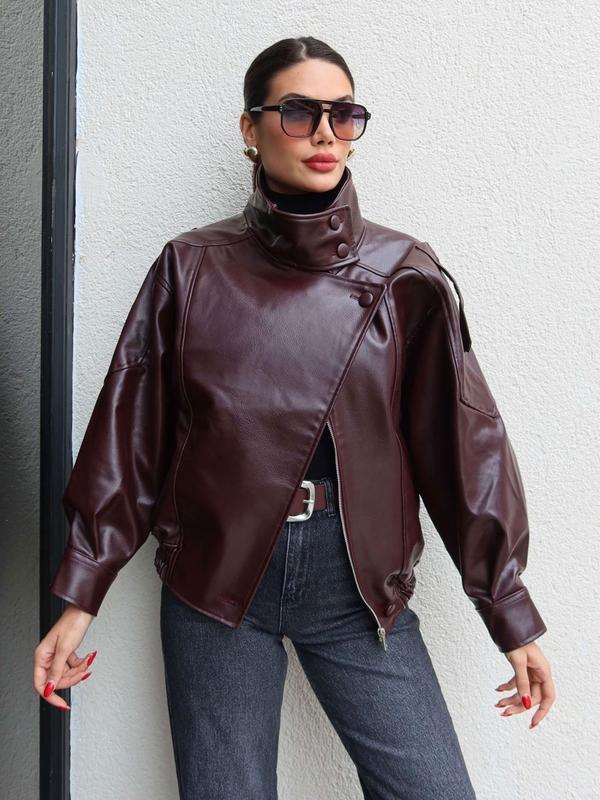 BB-2026 Hot Selling-Faux Leather Stand Collar Oversized Moto Jacket, Elastic Hem Streetwear, Casual Long Sleeve Water- and Wind-Resistant Outerwear for Spring & Fall, Ladies Clothes for Daily Wear, Chic Outerwear