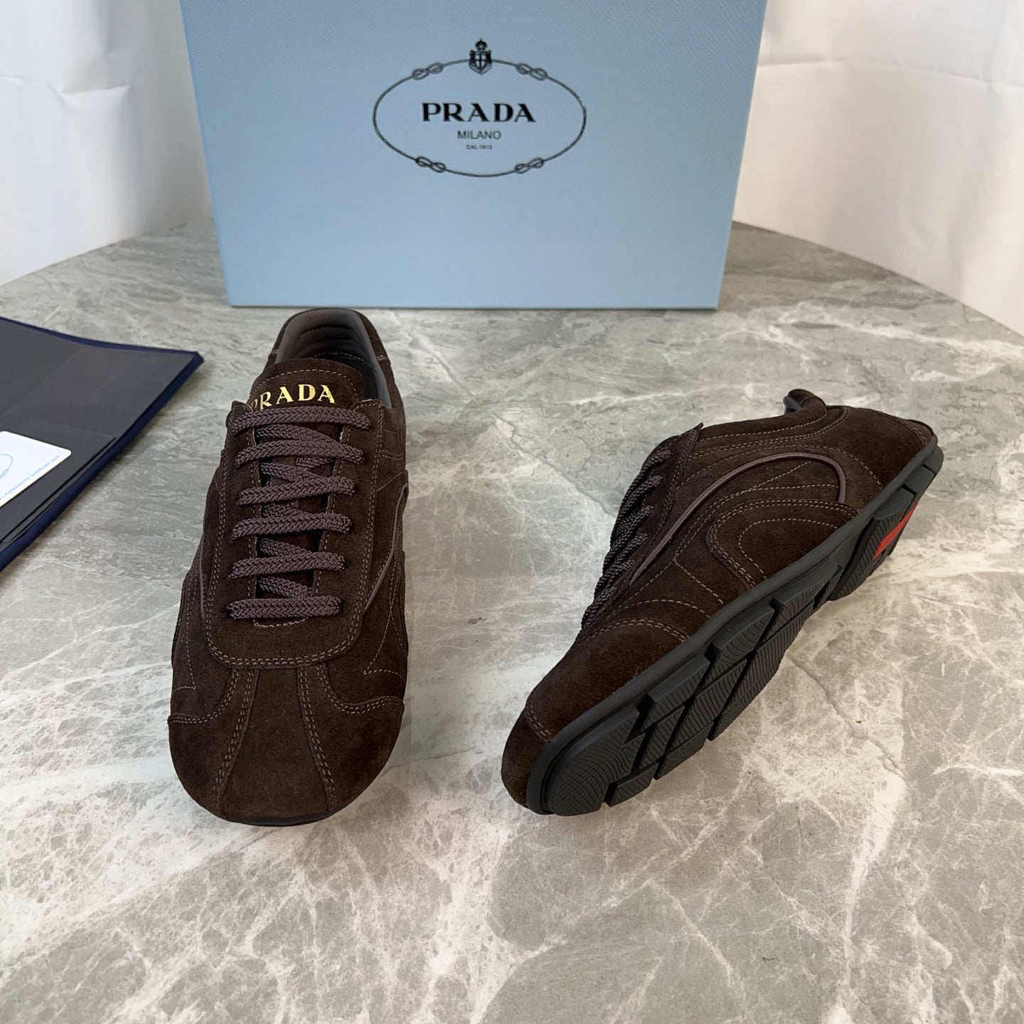 PRADA 25S MONTECARLO ANTIQUED SNEAKERS IN DARK BROWN SUEDE、mysite、Cacoeks