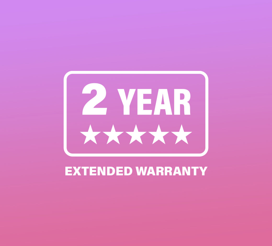 Graphic showing 2 Year Extended Warranty with five stars on a pink and purple background.