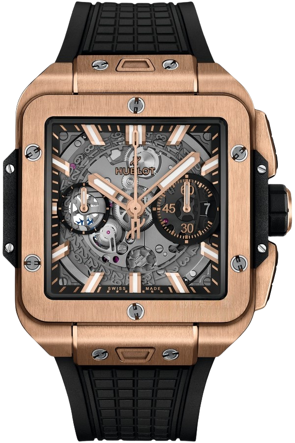 Hublot Square Bang Unico Ref. 821.OX.0180.RX Super Clone Watch – King Gold Skeleton Dial Rubber Strap Fake Replica