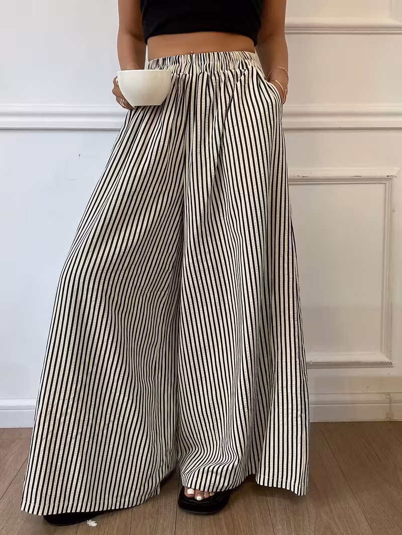 womens striped wide leg pants with elastic waist casual polyester machine washable high contrast vertical stripes comfortable   wear Product details 7