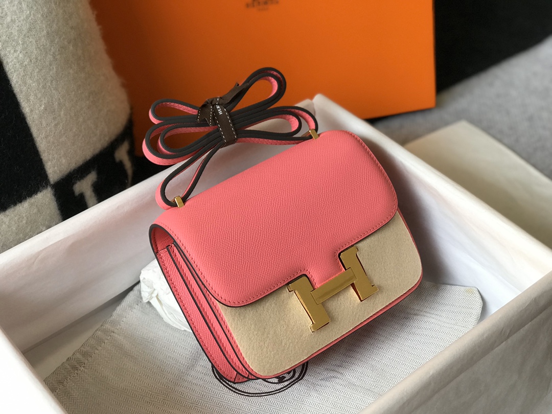 Replica Hermes Constance Bag Epsom Leather Rose Lipstick Wiht Gold 19cm and 23cm