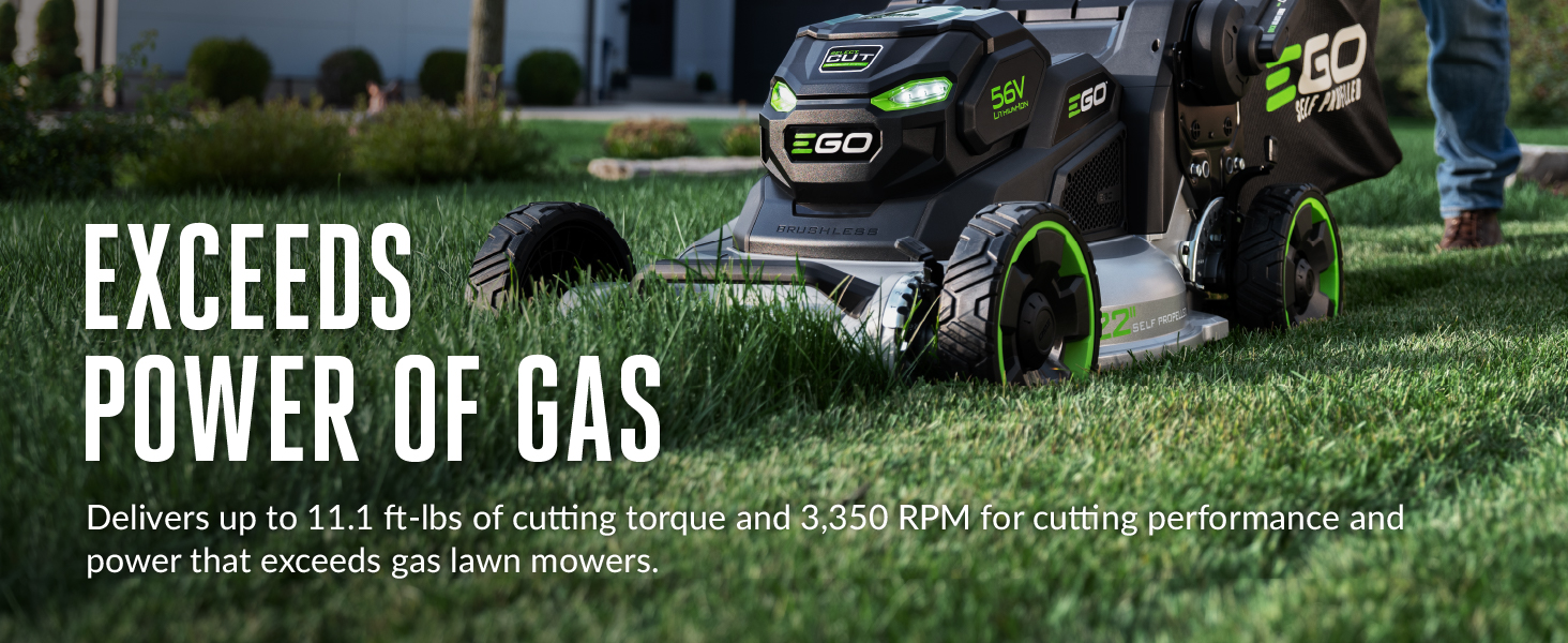 mower cutting tall grass to show that the it exceeds power of gas