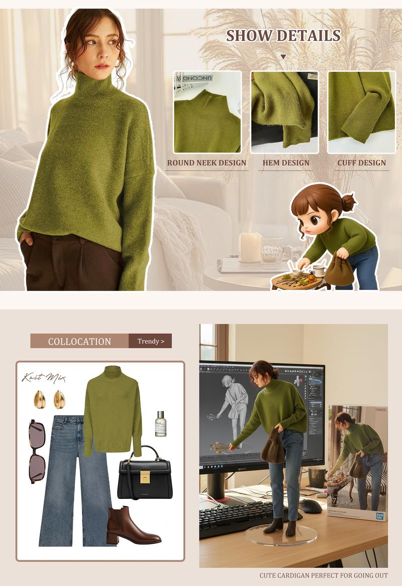 Autumn Winter Women's Knit Sweater High Neck Loose Casual French Style Elegant Simple Solid Color Pullover Long Sleeve Top