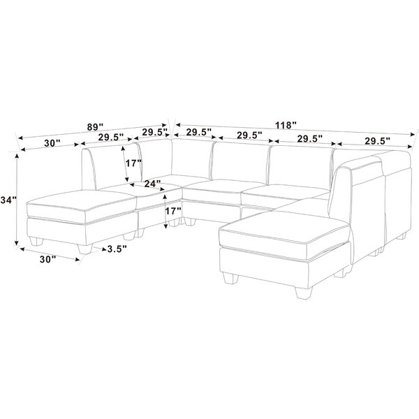 Prichard 118" Wide Velvet Symmetrical Modular Corner Sectional with Ottoman