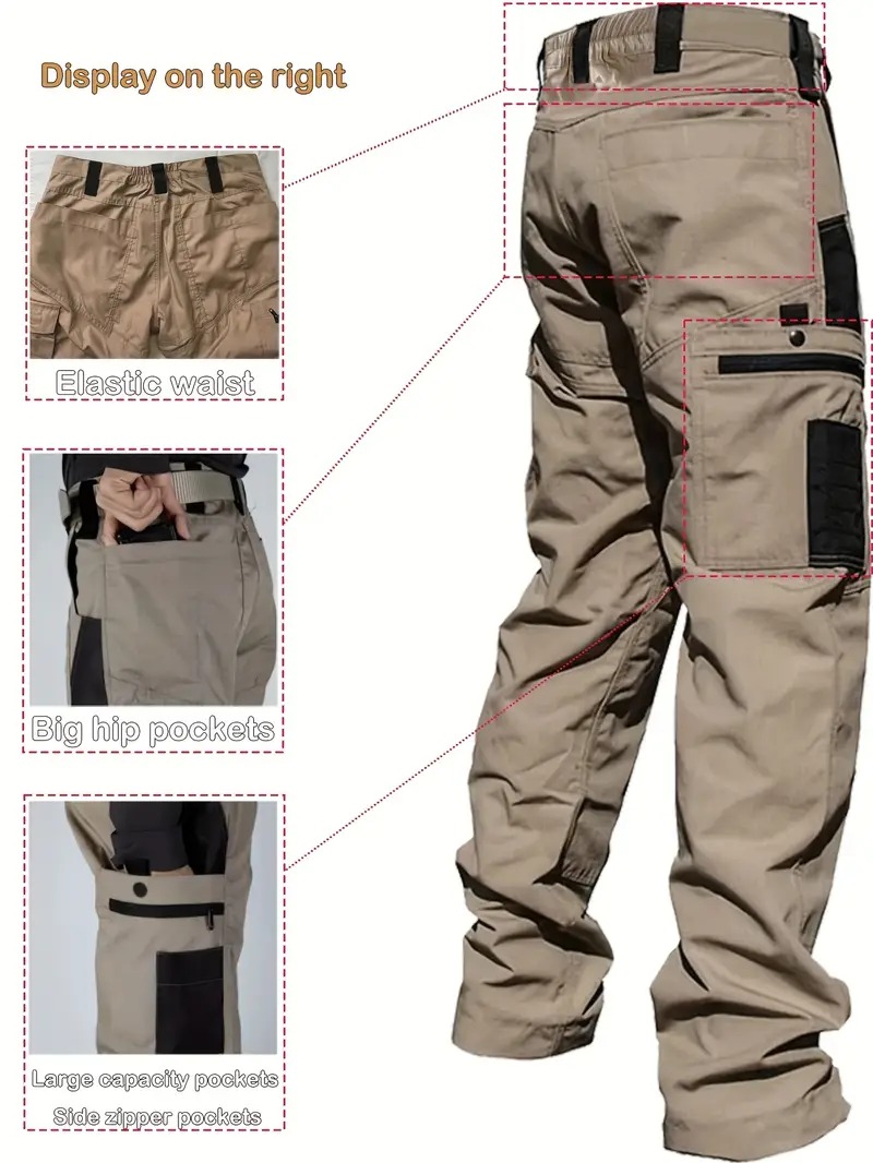 mens   cargo pants with multiple pockets casual straight leg design for outdoor hiking and travel beige cargo pants khaki 2