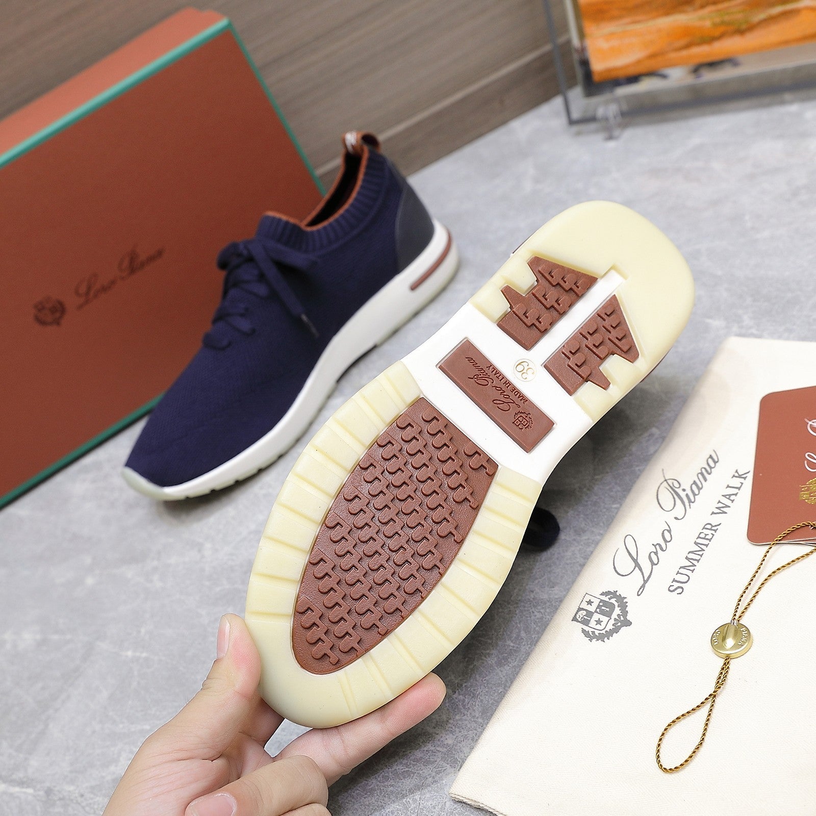LP LADY FLEXY WALK SNEAKER NAVY BLUE AND ORANGE WOOL CALFSKIN、mysite、Cacoeks