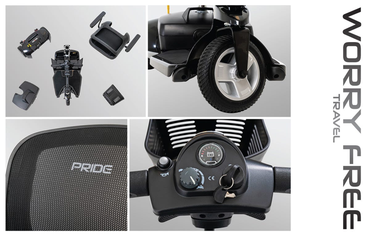 Image features components of a mobility scooter, including wheels, seat, control panel, and accessories, with "Worry Free Travel" text.