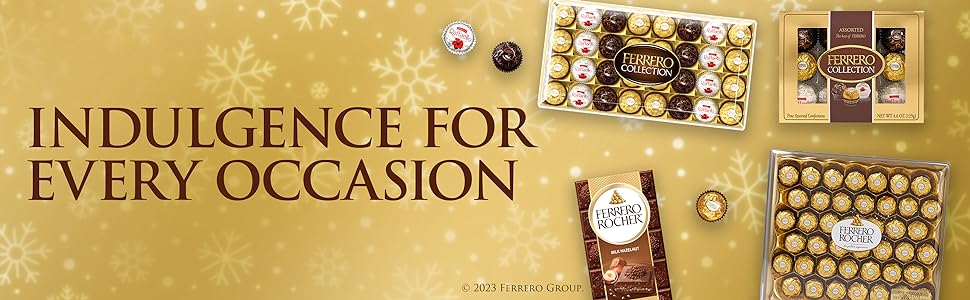 Indulgence For Every Occasion. 2 sizes of Ferrero Collection boxes, a Ferrero Rocher bar and box.