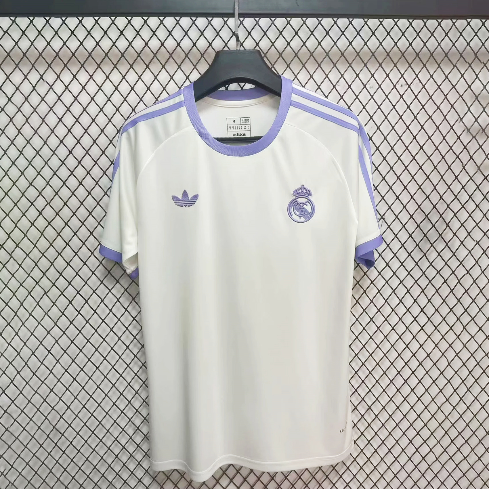 JerseysGala.com | Real Madrid 24-25 Vintage Trefoil White and Purple Men's T-Shirt -Customize Name, Number and Patch | Worldwide Shipping