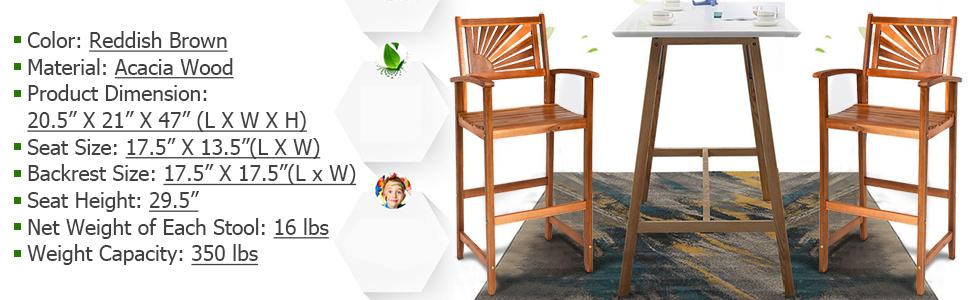 Outdoor Acacia Wood Bar Chairs Set of 2 with Sunflower Backrest and Armrests