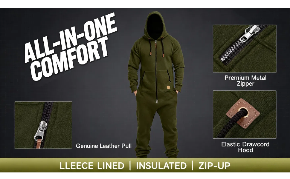 Mens Fleece Lined Hooded Jumpsuit Insulated Zip up One Piece Pajamas Onesie Playsuit Jogger Sweatsui