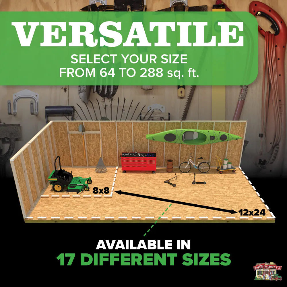 Infographic with floor dimensions of the Little Cottage Co Value Gable Sheds. Available in 17 different sizes.