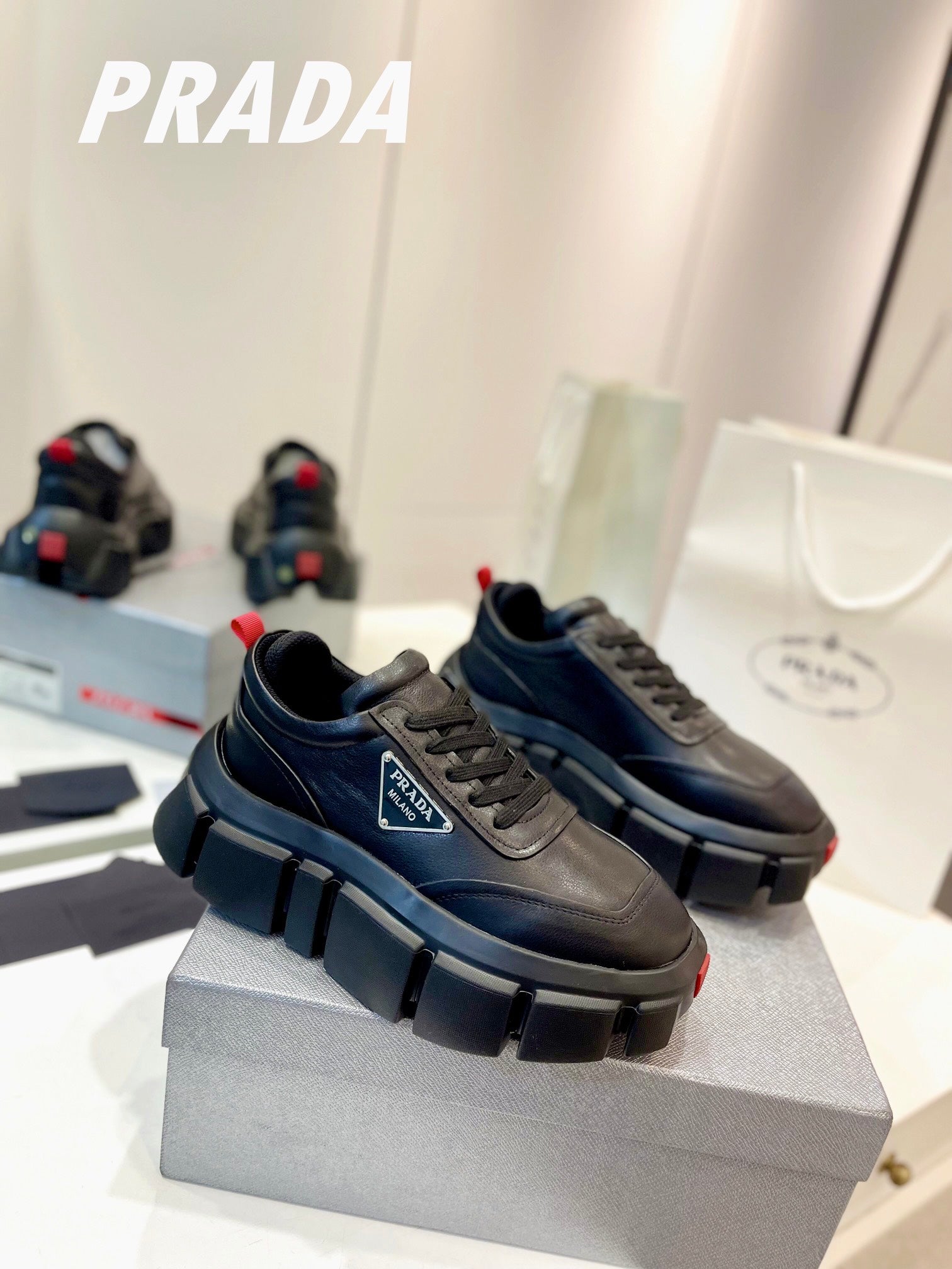 PRA BRUSHED THICK-SOLE SNEAKERS BLACK CALFSKIN、mysite、Cacoeks