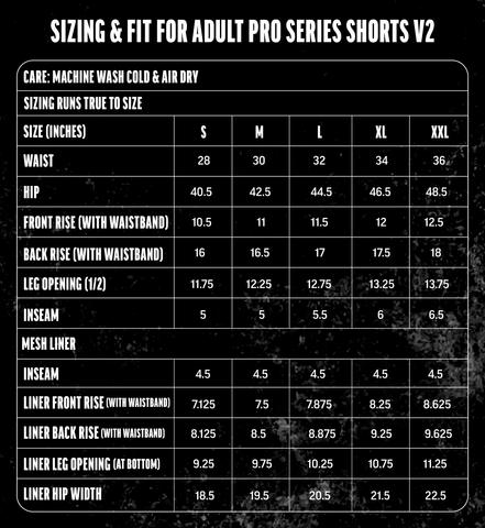 Pro Series shorts size chart
