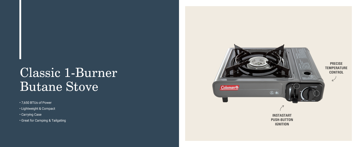 coleman classic one burner butane stove lightweight compact carry case camp tailgate temperature