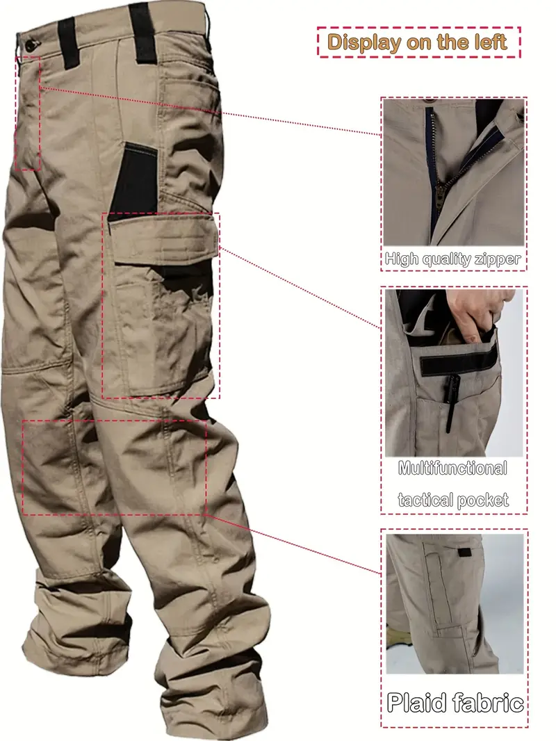 mens   cargo pants with multiple pockets casual straight leg design for outdoor hiking and travel beige cargo pants khaki 3