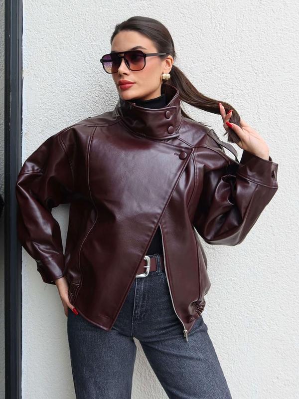 BB-2026 Hot Selling-Faux Leather Stand Collar Oversized Moto Jacket, Elastic Hem Streetwear, Casual Long Sleeve Water- and Wind-Resistant Outerwear for Spring & Fall, Ladies Clothes for Daily Wear, Chic Outerwear