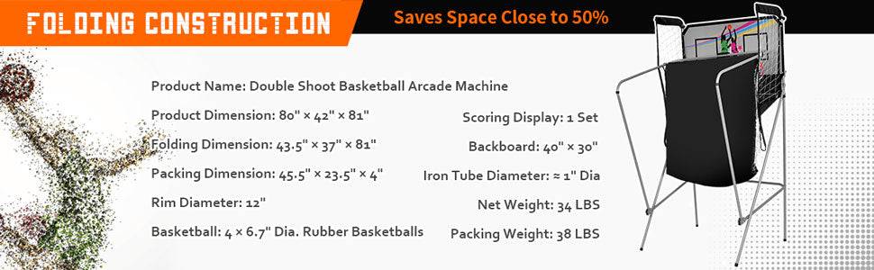 Foldable Indoor Basketball Arcade Game with 4 Balls Electronic Double Shot LED Scoring System for Kids Adults