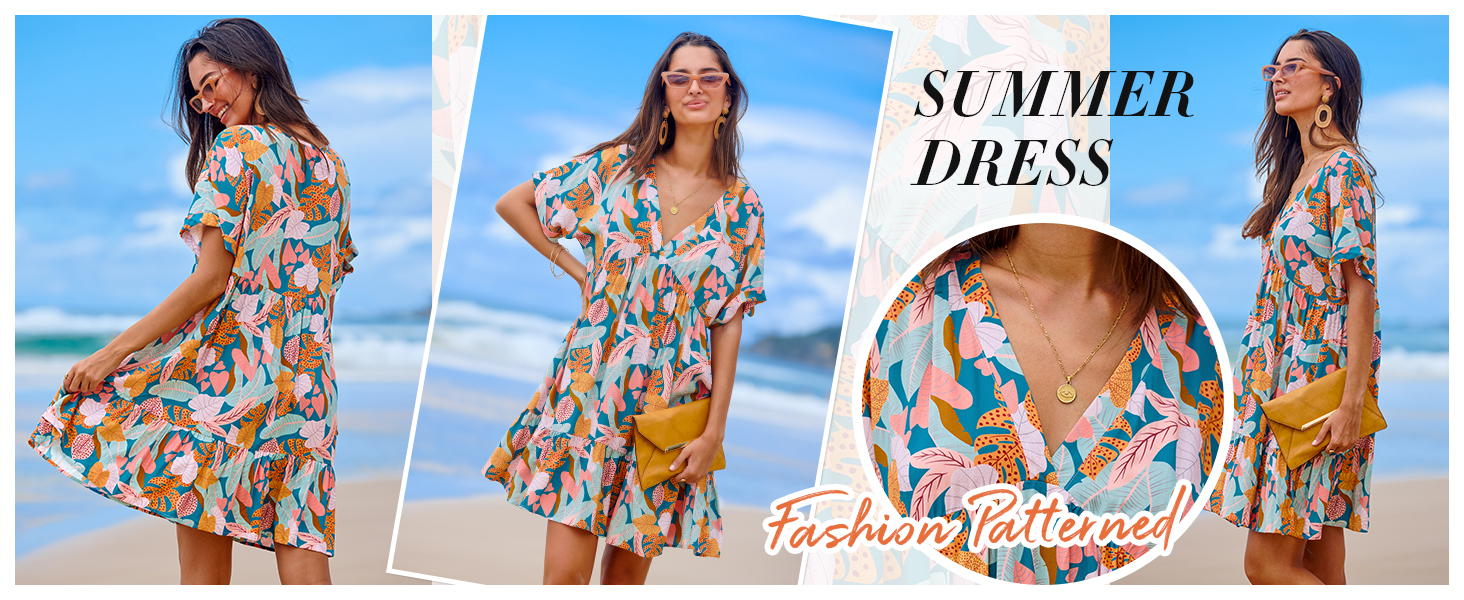 Pink Tropical Mini Dress Summer Beach Dress