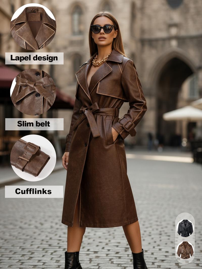 Women's Spring & Fall Waterproof Long Jacket, Fashion Lightweight Coat with Adjustable Waist Belt, Casual Fitted Plain Design Outerwear