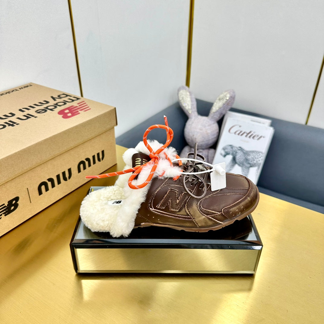 MIUxNB 530 SNEAKER MULES IN BROWN CALFSKIN SHEARLING、mysite、Cacoeks