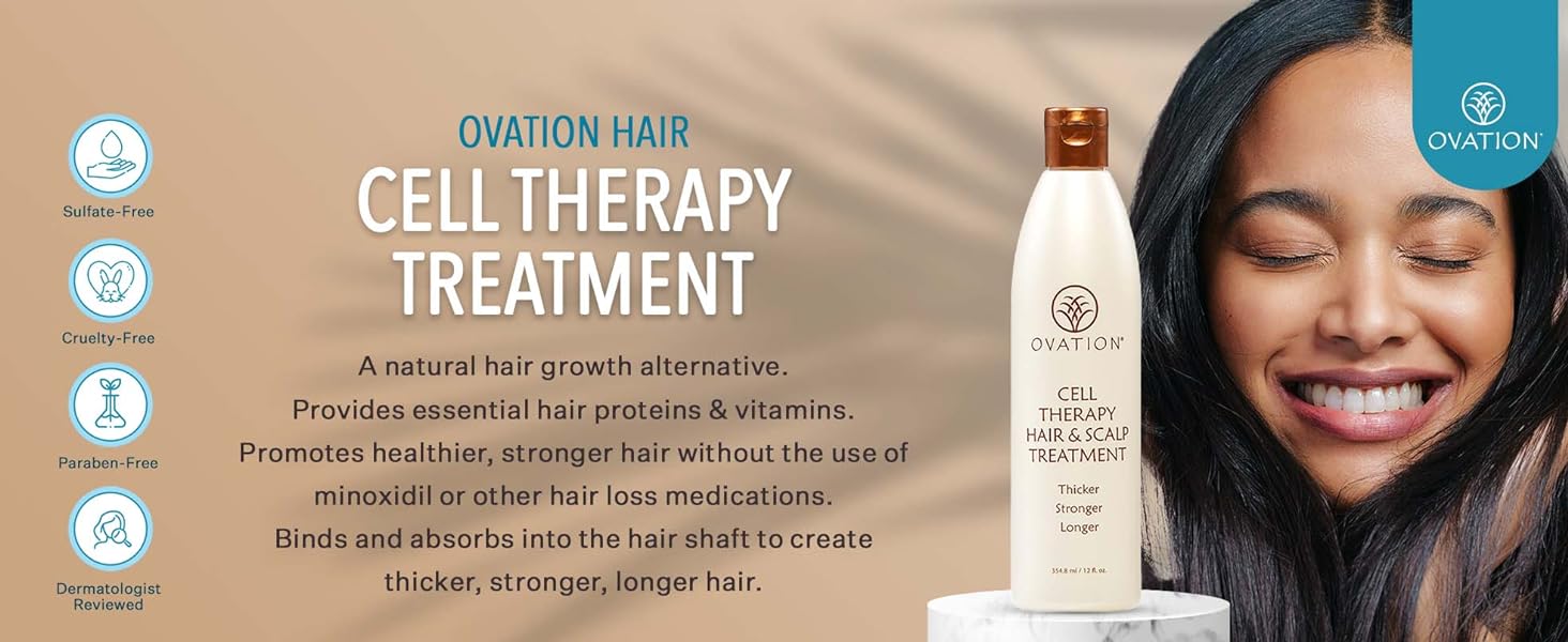 ovation hair, cell therapy hair scalp treatment, hydrate, soften, lightweight, sulfate paraben free