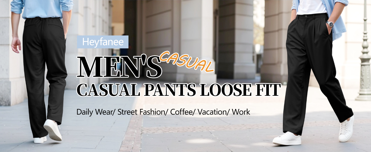 Heyfanee Mens Casual Pants Relaxed Fit Stylish Slacks for Men with Belt Loops Black
