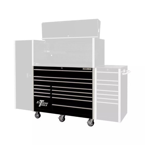 Black Extreme Tools RX Series 55 With Multiple Drawers And A Metal Top Partially Overlaid With Transparent Outlines Of Additional Modular Components