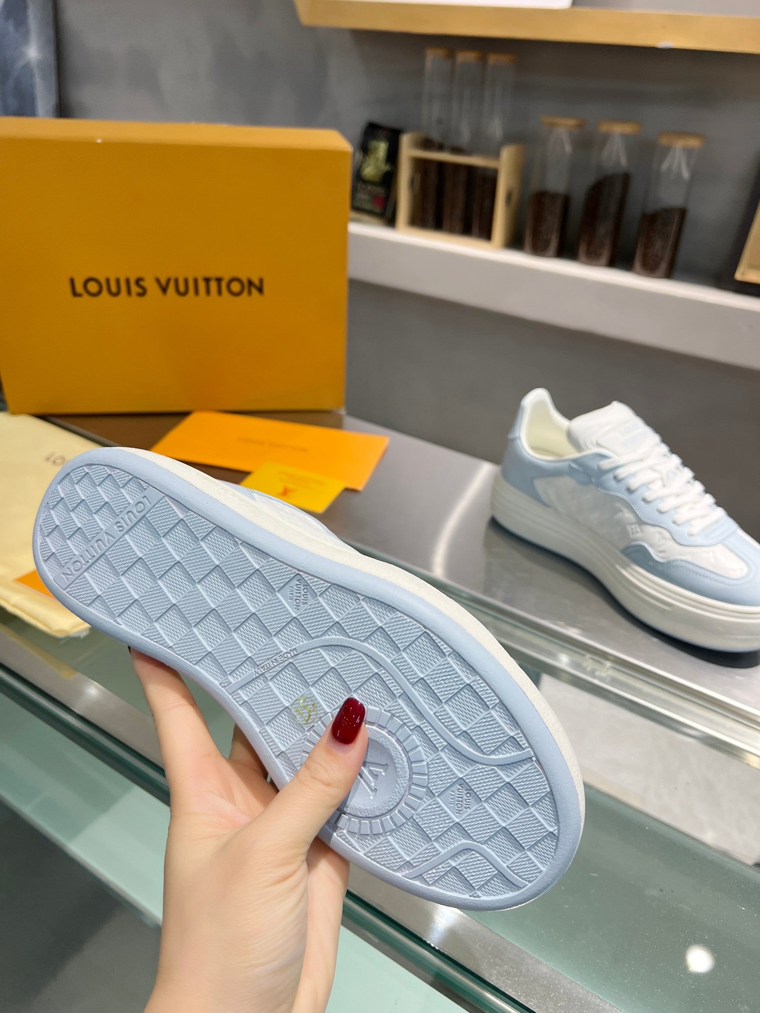 LV WOMEN GROOVY PLATFORM IN WHITE MIX LIGHT BLUE EMBOSSED CALFSKIN、mysite、Cacoeks