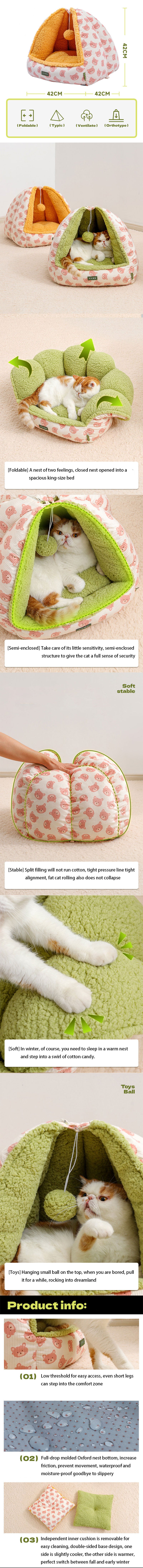 Bear Triangle Cat Bed Cave 2 Color Pet House